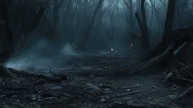 Dark forest engulfed in smoke with glowing embers, a scene of dramatic wildfire and destruction
