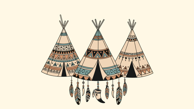Three traditional Native American teepees decorated with geometric patterns and feathers against soft cream background for ethnic themes.