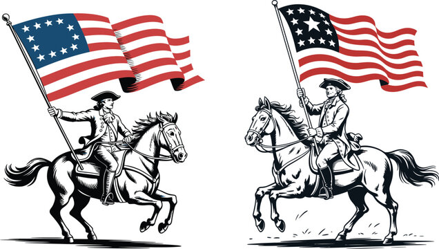 Colonial man on horseback with historical american flags, revolutionary war depiction, united states
