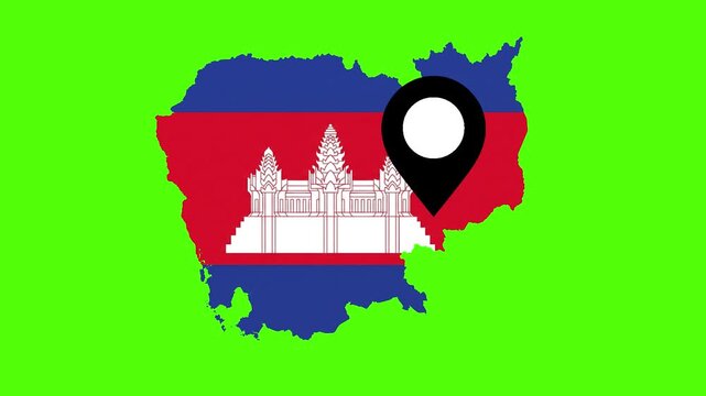 Cambodia Flag and Location Pin: This illustration depicts the flag of Cambodia overlaid onto the country's geographical outline, with a pinpoint highlighting a specific location within the nation.
