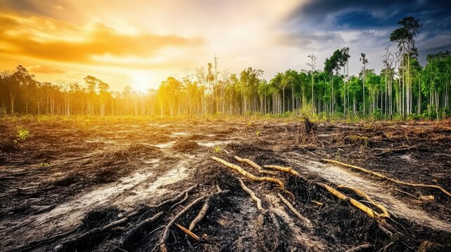 Devastated forest landscape with uprooted trees and barren soil under a dramatic sky, showcasing environmental destruction.