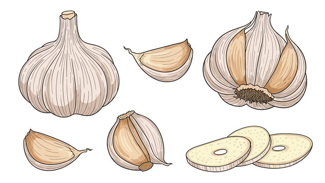 Set of garlic illustrations featuring whole bulbs, individual cloves, peeled cloves, and round slices isolated on a white background.