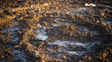 Fototapeta premium Close-up view of contaminated soil with chemical runoff and scattered waste under bright daylight