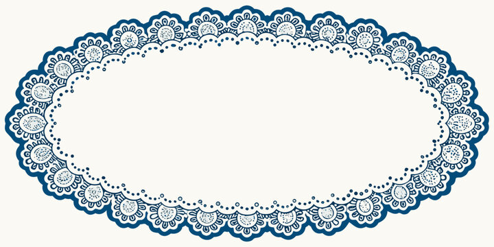 Elegant navy blue ornate oval lace doily frame, vector