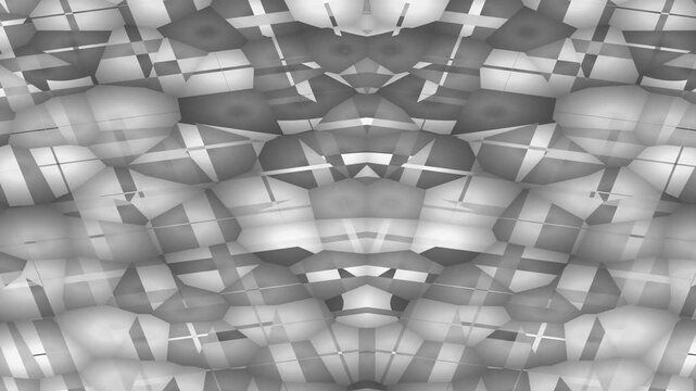 A grayscale abstract image featuring a repeating pattern of geometric shapes in various shades of gray, resembling a 3D architectural structure or a kaleidoscope reflection