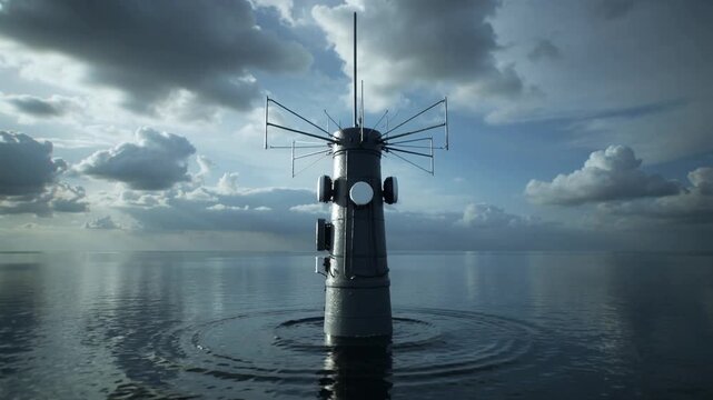 A sleek submarine emerges from the calm ocean waters under a cloudy sky with various antennas extended.