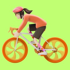 Fototapeta premium A woman riding a bicycle with a bright green background