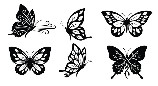 A collection of six black butterflies with unique patterns fly together outdoors.