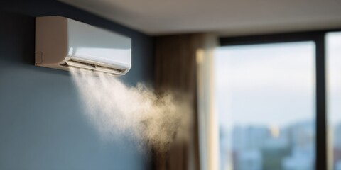 Fototapeta premium White splitunit airconditioner vapor near window with urban view and warm interior lighting