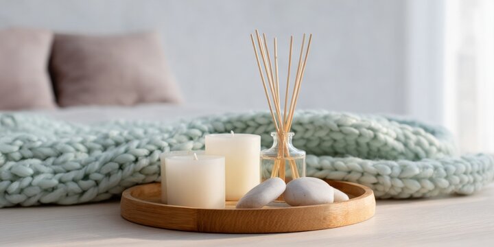 Reed diffuser candles stones wooden tray with cozy knit blanket in a neutral living room spa decor bathed in soft natural light for relaxation