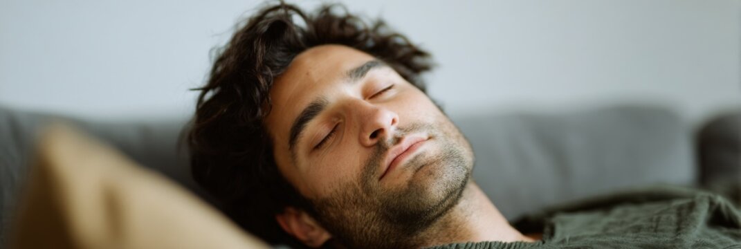 Hispanic male adult sleeping on couch relaxed curly hair stubble panoramic close up calm expression afternoon nap repose