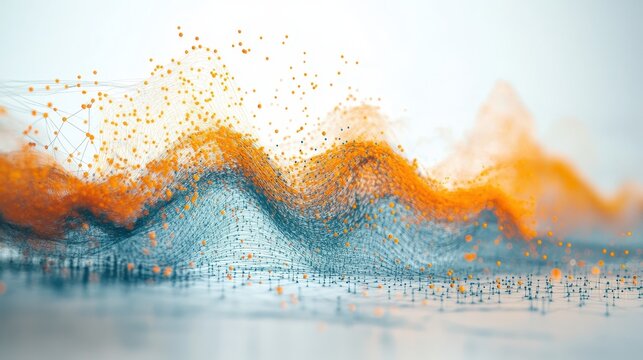 Dynamic Data Flow Abstract Patterns of Orange Particles and Blue Network on Bright White Background