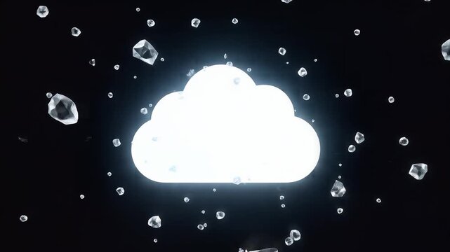 Digital Cloud Innovation: A luminous, ethereal cloud symbol, the heart of digital data storage, emerges against a vast, dark expanse, accentuated by glistening data droplets.