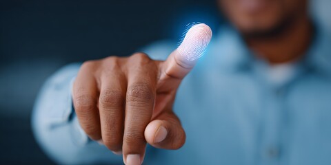 Obraz premium Engineer uses fingerprint recognition technology for financial transactions