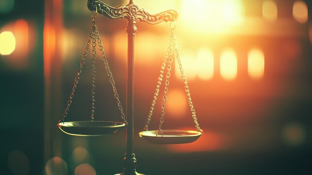 Golden Scales of Justice Symbolizing Legal Balance and Impartiality in a Warmly Lit Courtroom Setting