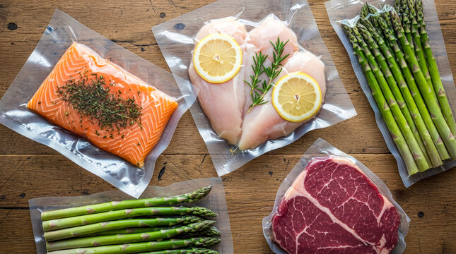 Vacuum Sealed Salmon, Chicken, and Steak with Asparagus on Wood
