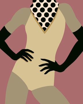 Woman facing forward, hands on hips, face out of frame, polka dot scarf