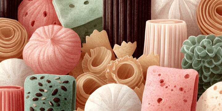 Italian pasta shapes forming a colorful food pattern
