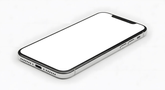 Modern smartphone lying on white surface, blank screen facing up, isolated object