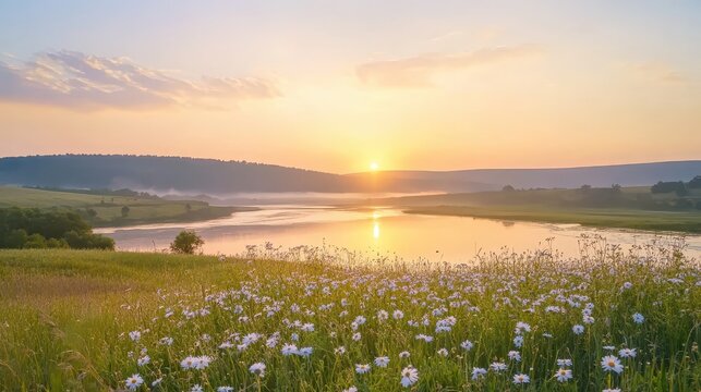 Golden sunrise illuminates a tranquil river landscape flowing through fields of blooming daisies