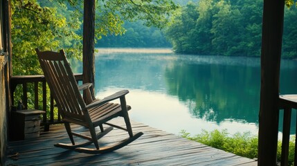 Fototapeta premium Cozy Wooden Porch with Rocking Chairs Overlooking a Serene Lake at Sunrise, Inviting Relaxation