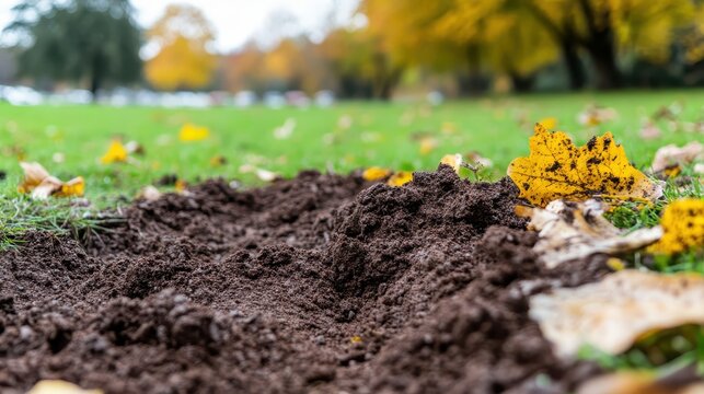 Undeveloped patch of dark soil in an urban park during autumn with blurred trees and grass in the background