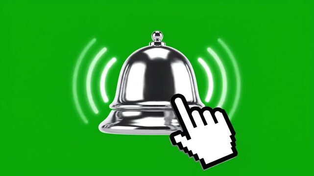 A video showcasing a hand clicking a silver bell icon on a green background