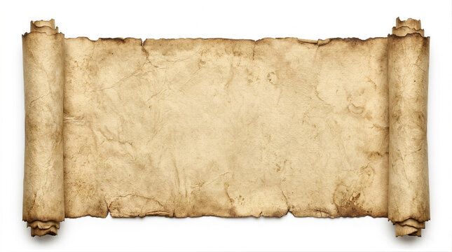 A horizontal antique scroll with charred edges, weathered by time, on a white background. A blank banner made of old papyrus for a church collection or treasure map. Realistic 3D image.
