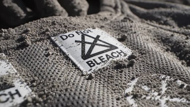 Fingers gently sift through fine sand, uncovering a weathered label marked with caution symbols. The artistic composition captures the interplay between nature and fashion in captivating detail.