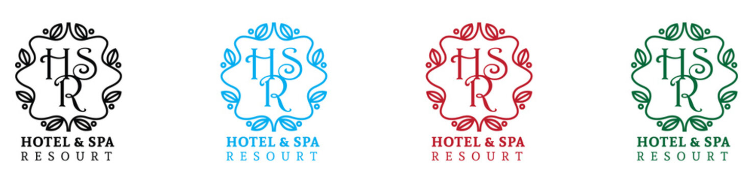 Elegant hotel and spa logos set in decorative floral frames on white background