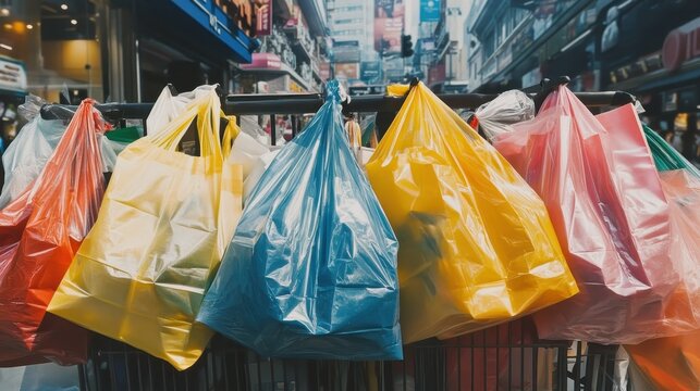 Overflowing shopping bags represent consumerism and excess in an urban street setting.