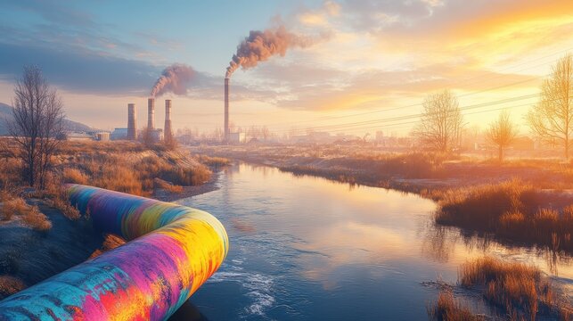 Industrial pipes discharge colorful contaminated water into a rural river at sunset with smoke billowing from distant factories.