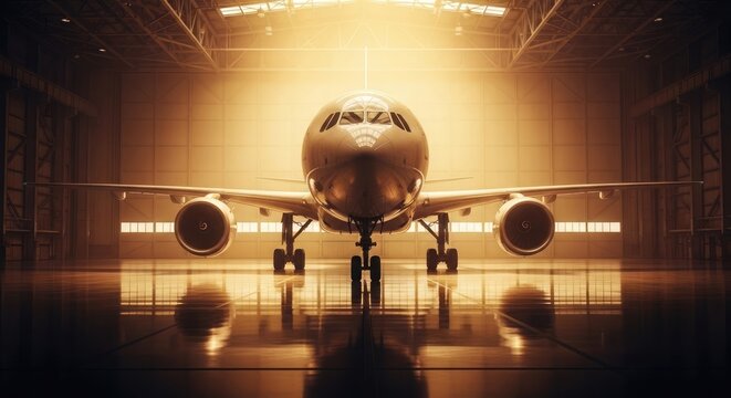 A large plane was parked inside a hangar lit with warm light.