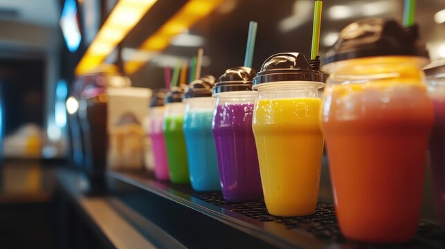 Lineup of Colorful Refreshing Fruit Smoothies Displayed in a Vibrant Cafe Setting