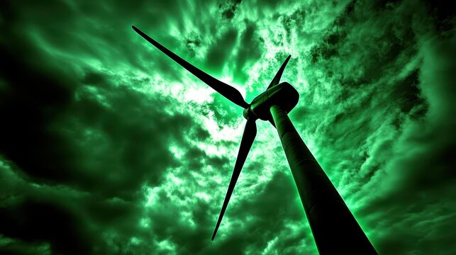 Dramatic low angle view of a towering green wind turbine against a stormy, emerald sky, symbolizing renewable energy generation and a sustainable future.