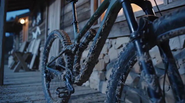 A mountain bike, covered in mud, stands proudly on a wooden porch at twilight. Gloves hang from its handlebars while soft light spills from the cozy cabin, inviting warmth in the cool evening air.