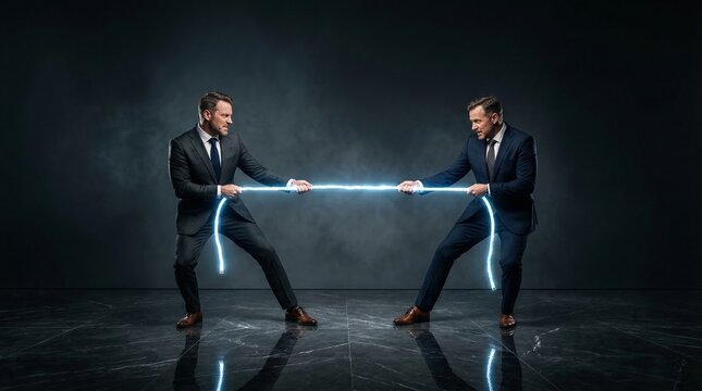 Two businessmen in suits engaged in a tug of war with a glowing energy rope for corporate competition and power struggle
