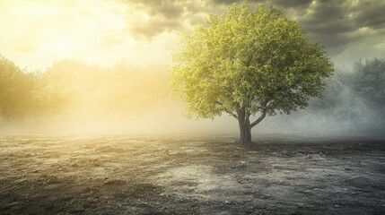 Obraz premium Lone green tree bathed in soft golden sunlight amidst a foggy, ethereal landscape at dawn.