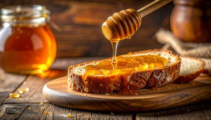 Honey dripping on fresh bread slice with golden texture