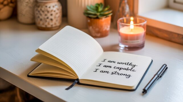 An open notebook with motivational phrases, a candle, and a plant, creating a serene and inspiring workspace atmosphere.
