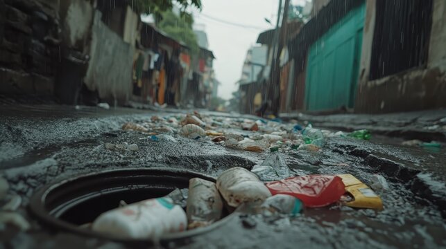 Plastic Pollution Clogging Urban Storm Drain After Heavy Rainfall, Overflowing City Street