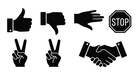 Various hand gestures and signs are displayed on a white background.