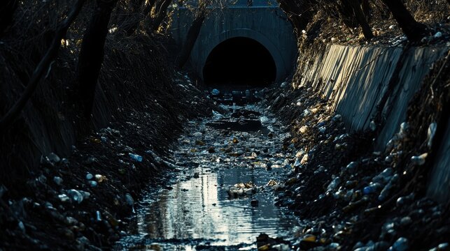 Polluted drainage canal choked with plastic bottles and debris in a residential neighborhood, highlighting environmental neglect.