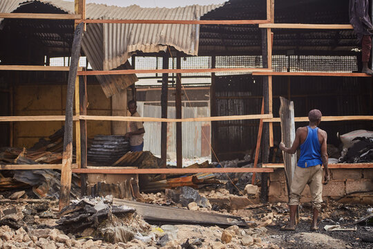 Kano, Nigeria - 27 January 2024: View of the charred remains and skeletal wooden structure at Dakata market, a testament to the recent fire's devastation.