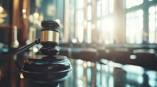 Justice symbol, the gavel in a courtroom setting, representing legal proceedings and dispute resolution