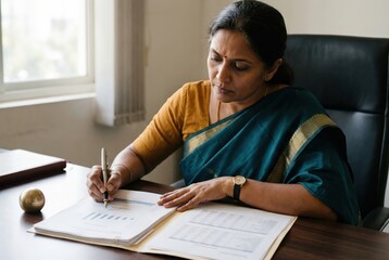 Fototapeta premium Indian woman in teal sari working with business documents at desk