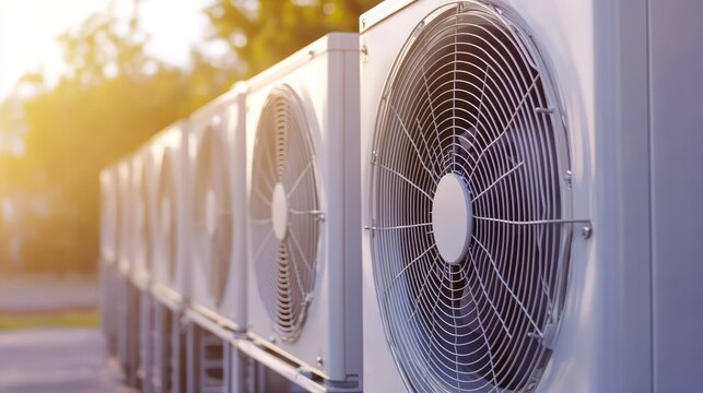 Row of efficient outdoor air conditioning units with large fans, showcasing technological design and bright sunlight