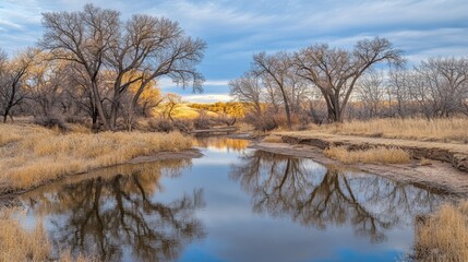 Obraz premium Serene River Reflections During Twilight Showcasing Soft Golden Hour Lighting Against a Beautiful Natural Landscape