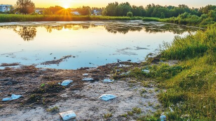 Obraz premium Polluted riverbank at sunset with visible debris and dying vegetation, highlighting environmental damage and ecosystem impact