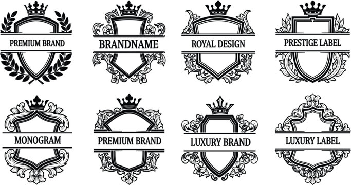 Professional Luxury Branding Vector Crest Suite Featuring Ornate Shields Crowns Laurel Wreaths and Floral Monograms for Premium Logo Design and Boutique Packaging